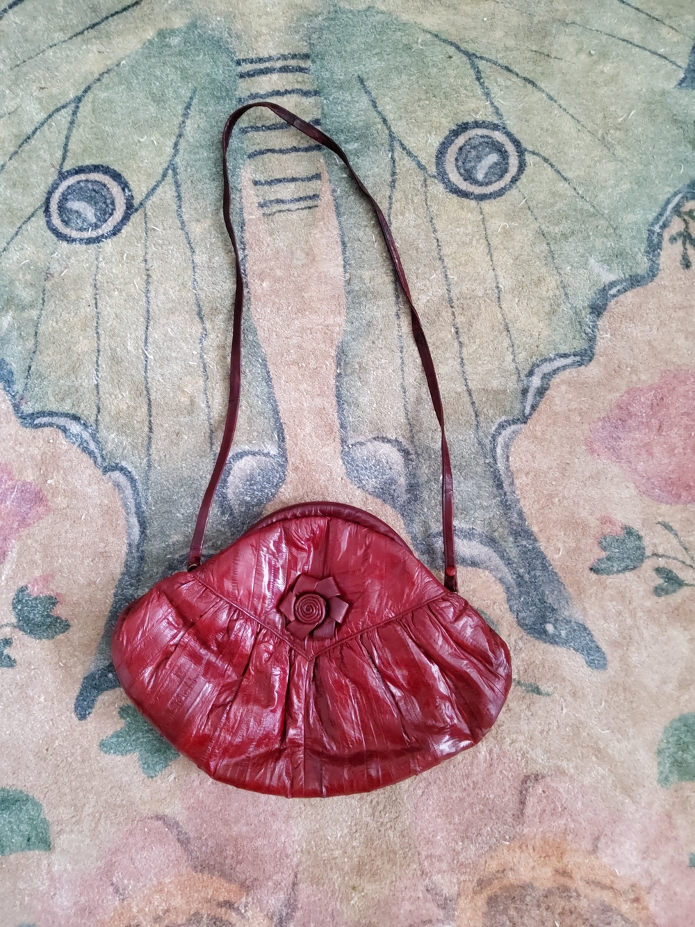 Vintage Genuine Eel Skin Merlot Floral Accent Shoulder Bag